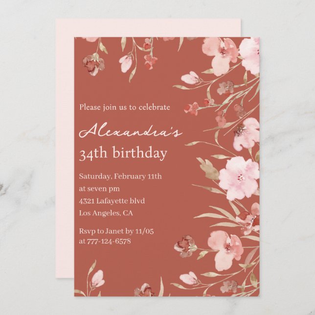 Elegant 34th birthday invitations Floral Chic  (Front/Back)