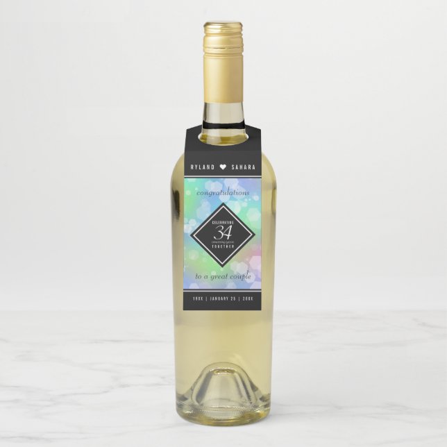 Elegant 34th Opal Wedding Anniversary Celebration Bottle Tag (On Bottle)