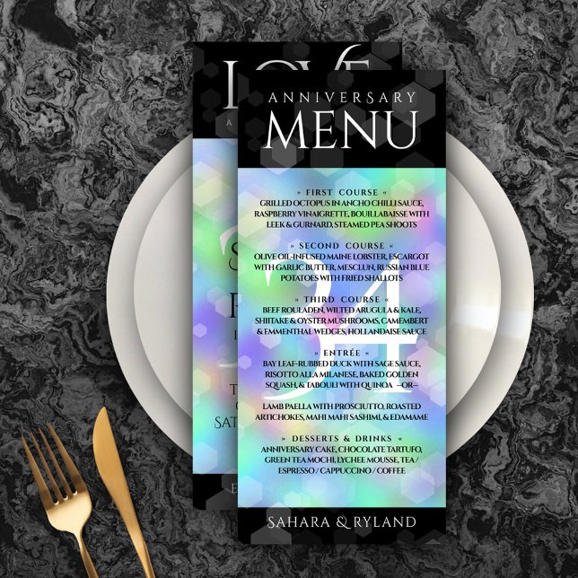 Elegant 34th Opal Wedding Anniversary Celebration Menu (Elegant 34th Opal Wedding Anniversary Menu Rack Card Cover Photo.)