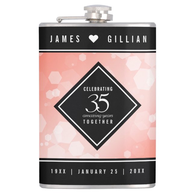 Elegant 35th Coral Wedding Anniversary Celebration Hip Flask (Front)