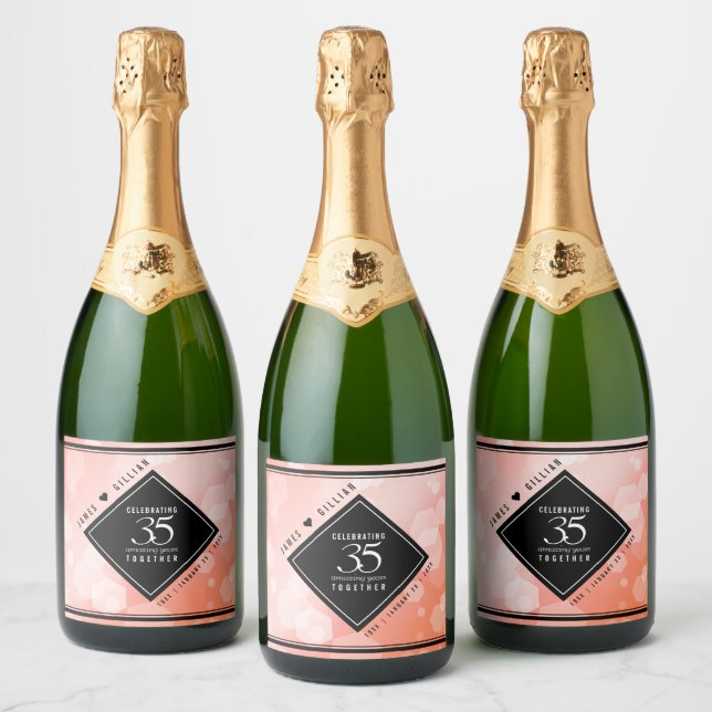 Elegant 35th Coral Wedding Anniversary Celebration Sparkling Wine Label (Bottles)