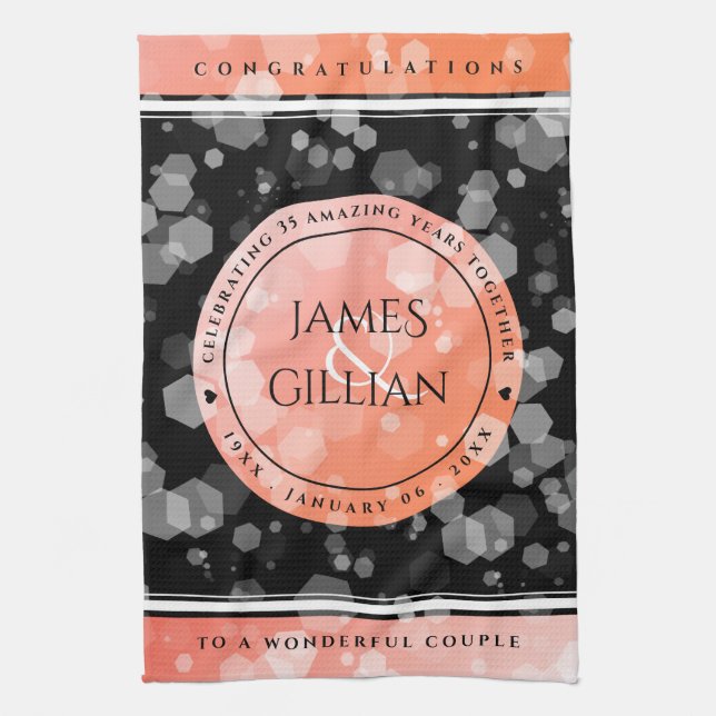 Elegant 35th Coral Wedding Anniversary Celebration Tea Towel (Vertical)