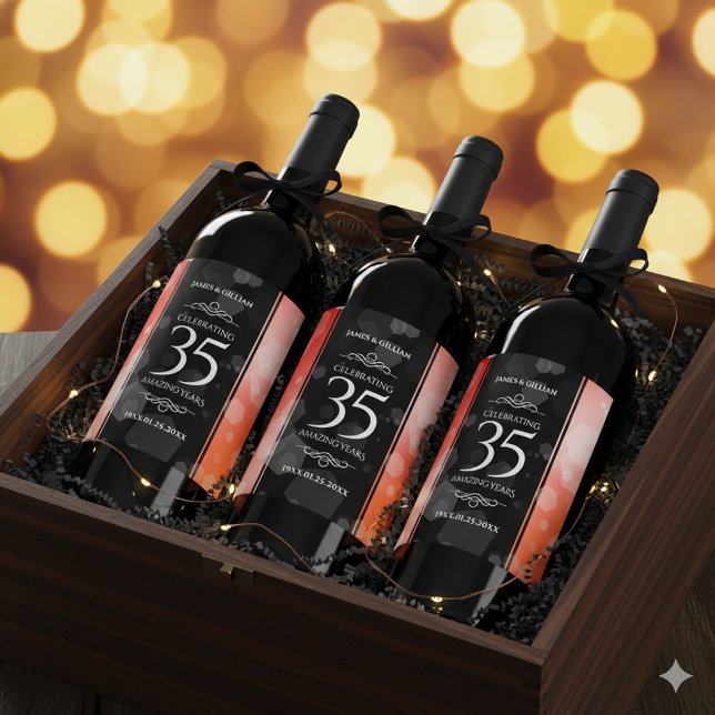 Elegant 35th Coral Wedding Anniversary Celebration Wine Label (35th Golden Wedding Anniversary Wine/Liquor Bottle Drink Labels Cover Photo)