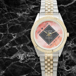 Elegant 35th Coral Wedding Anniversary Watch<br><div class="desc">Celebrate the 35th coral wedding anniversary and a love that stands the test of time with this stylish watch! Elegant black and white lettering with hexagonal confetti on a coral pink background add a memorable touch for this special occasion and extraordinary milestone. Personalise with the couple's names and dates of...</div>