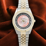 Elegant 35th Coral Wedding Anniversary Watch<br><div class="desc">Celebrate their 35th wedding anniversary with this commemorative wristwatch! Elegant black and white lettering with hexagonal confetti on a coral pink background add a memorable touch for this special occasion and extraordinary milestone. Customize with couple's names, a date for their coral anniversary, and up to two lines of messaging. Design...</div>