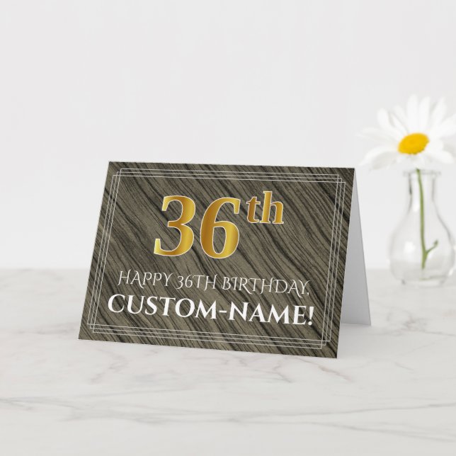 Elegant 36th Birthday: Faux Wood, Faux Gold Look Card (Small Plant)