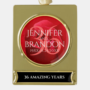 Elegant 36th Rose Wedding Anniversary Celebration Gold Plated Banner Ornament