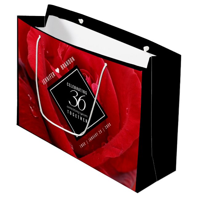 Elegant 36th Rose Wedding Anniversary Celebration Large Gift Bag (Front Angled)