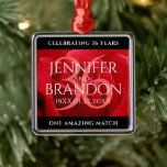 Elegant 36th Rose Wedding Anniversary Celebration Metal Ornament<br><div class="desc">Celebrate the 36th rose wedding anniversary with this commemorative ornament! Elegant white lettering on a romantic red rose background add a memorable touch for this special occasion and extraordinary milestone. Personalise with couple's names,  wedding dates,  and congratulatory messages.

Design © W.H. Sim. See more at zazzle.com/expressionsoccasions</div>