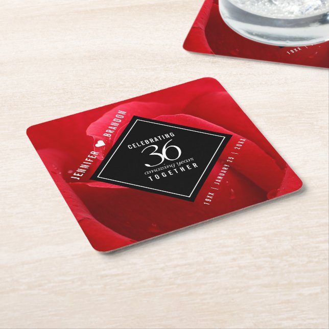 Elegant 36th Rose Wedding Anniversary Celebration Square Paper Coaster (Angled)