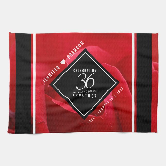 Elegant 36th Rose Wedding Anniversary Celebration Tea Towel (Horizontal)