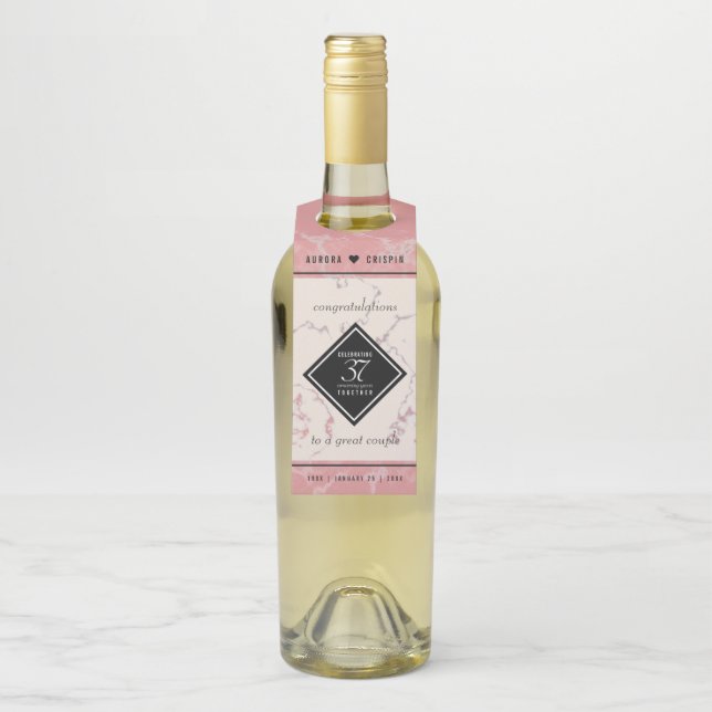 Elegant 37th Alabaster Wedding Anniversary Bottle Tag (On Bottle)