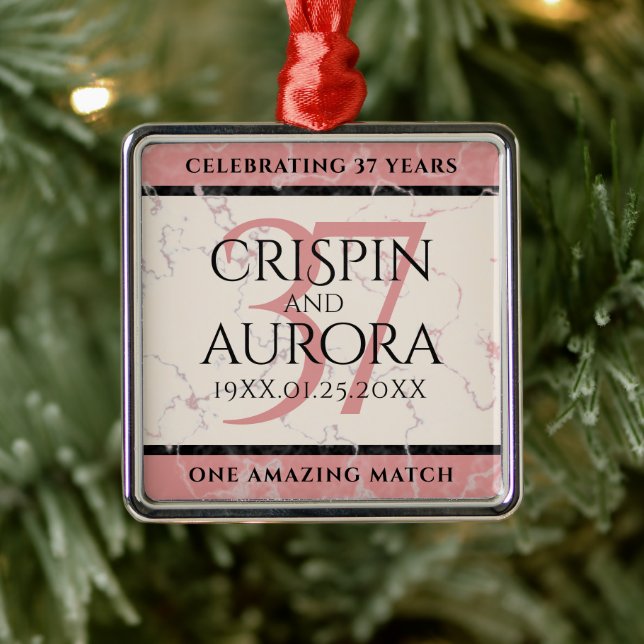 Elegant 37th Alabaster Wedding Anniversary Metal Ornament (Tree)