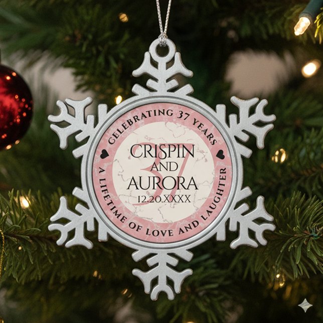 Elegant 37th Alabaster Wedding Anniversary Snowflake Pewter Christmas Ornament (37th Alabaster Wedding Anniversary Snowflake Pewter Ornament Cover Photo)