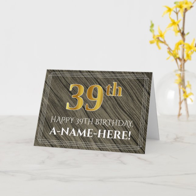 Elegant 39th Birthday: Faux Wood, Faux Gold Look Card (Yellow Flower)