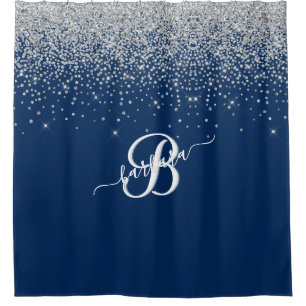 Elegant 3 Colour Monogram Blue Silver Sparkle    Shower Curtain