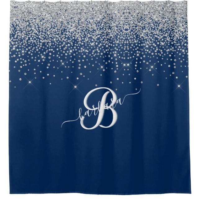 Elegant 3 Colour Monogram Blue Silver Sparkle    Shower Curtain (Front)