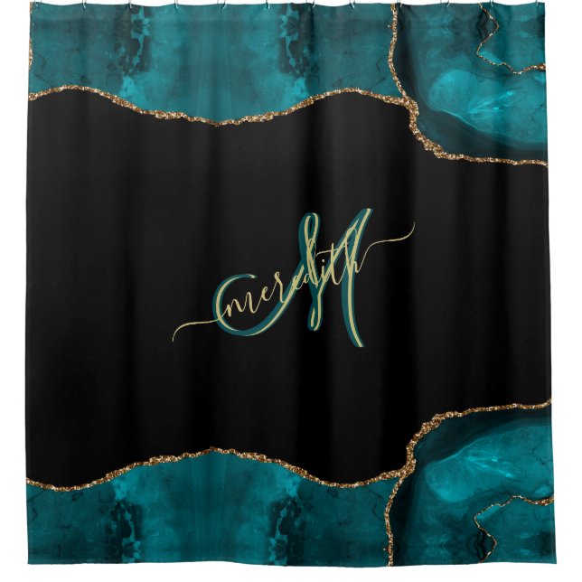 Elegant 3 Colour Monogram Teal Black Gold  Shower Curtain (Front)