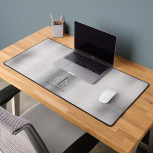 Elegant 3-D Monogram & Black Name, Brushed Silver Desk Mat