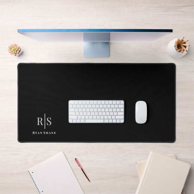 Elegant 3-D Monogram & Name on Black, Vs 2 Desk Mat (Office 1)