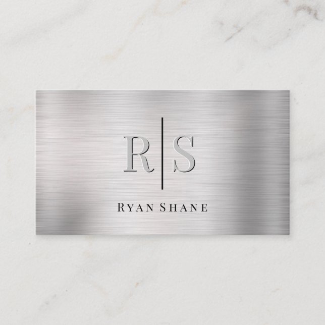 Elegant 3-D Monogram & Name QR code Brushed Silver Business Card (Front)