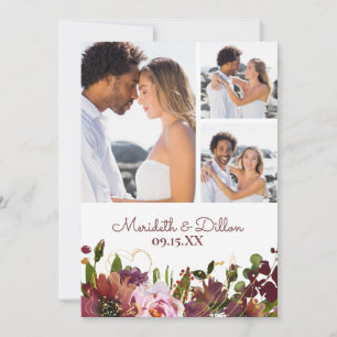 Elegant 3 Photo Burgundy Gold Blush Pink Floral Save The Date