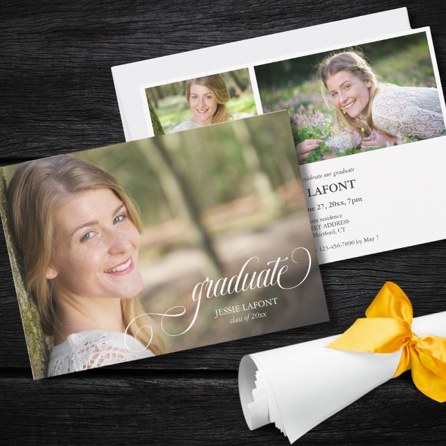 Elegant 3 Photo Calligraphy Graduation Invitation (custom 3 photo graduation celebration party invitation with elegant script calligraphy)
