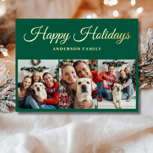 Elegant 3 Photo Collage Christmas Gold Foil Holiday Postcard