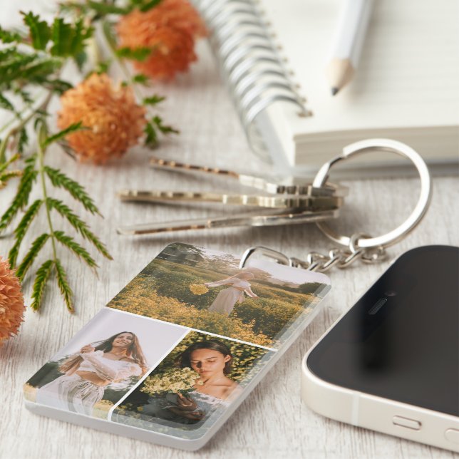 Elegant 3 Photo Collage Custom Graduate Keepsake Key Ring (Front Right)