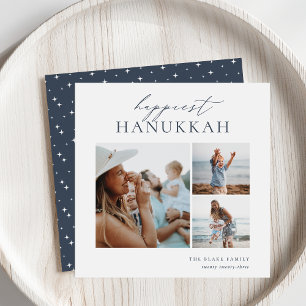 Elegant 3 Photo Collage Happiest Hanukkah Holiday Card