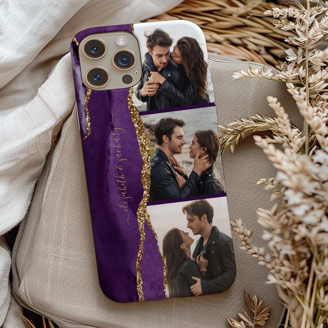 Elegant 3 Photo Collage Names Purple Gold Agate Case-Mate iPhone Case (Creator Uploaded)