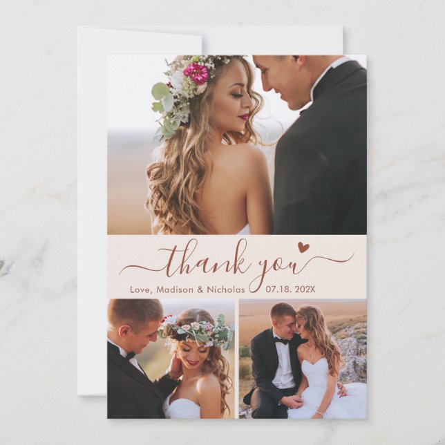 Elegant 3 Photo Collage Terracotta Script Wedding Thank You Card (Front)