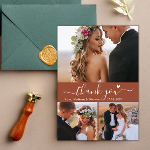 Elegant 3 Photo Collage Terracotta Script Wedding Thank You Card