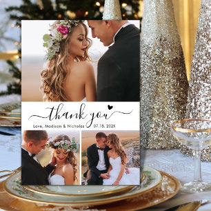 Elegant 3 Photo Collage Typography Script Wedding Thank You Card