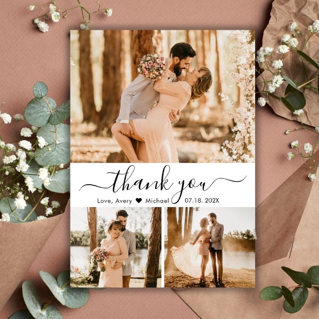 Elegant 3 Photo Collage Typography Script Wedding  Thank You Card (Creator Uploaded)