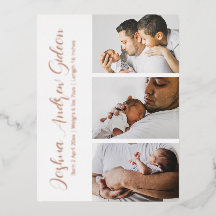 Elegant 3 Photo Foil Birth Announcement Postcard