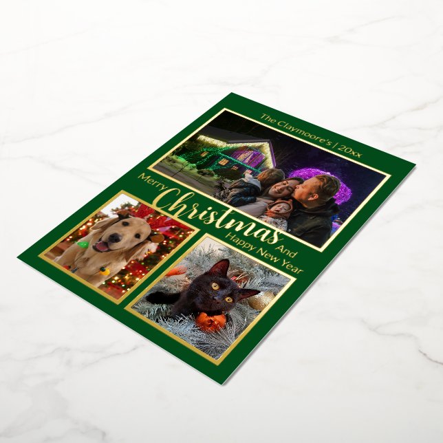 Elegant 3 Photo Merry Christmas Happy New Year Foil Holiday Card (Rotated)