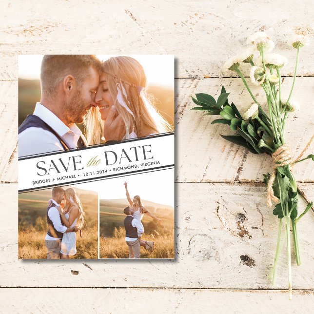 Elegant 3 Photo Wedding Save the Date Announcement Postcard (Elegant 3 Photo Wedding Save the Date)