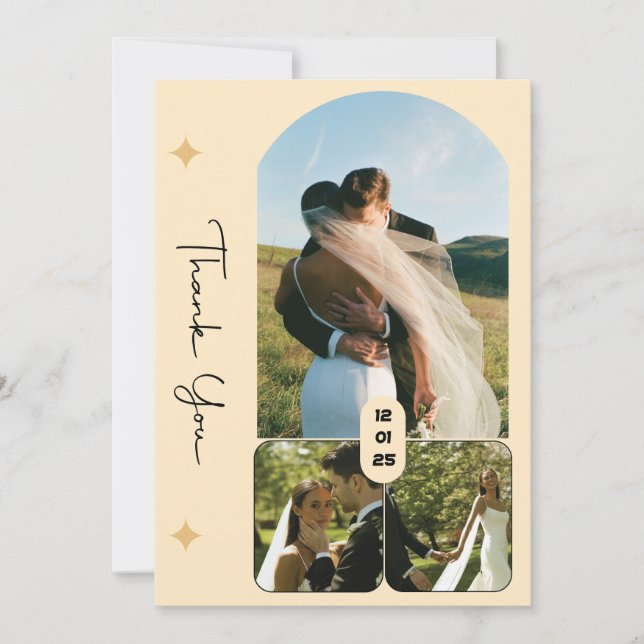 Elegant 3 Photo Wedding Thank You Card (Front)