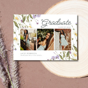 Elegant 3 Photo Wildflower High School Graduation Announcement