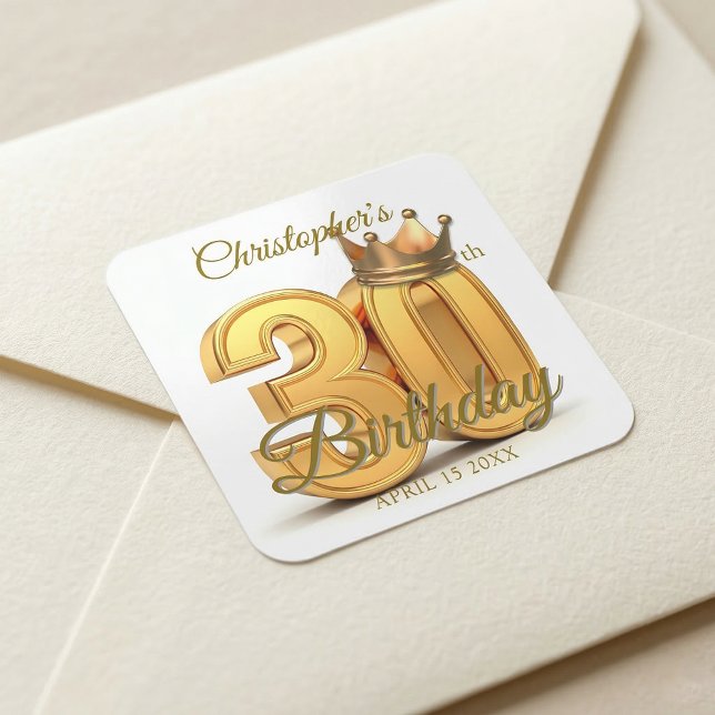 Elegant 3D Gold Crown 30th Birthday Party Square Sticker (Creator Uploaded)