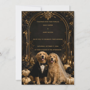 Elegant 3D Gold Golden Retriever Halloween Wedding Invitation