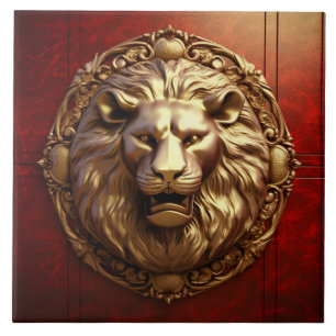 Elegant 3D Lion Mask on Red Wall Ceramic Tile
