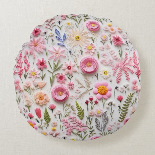Elegant 3D Pink Flowers Trendy Modern Chic Round Cushion (Front)