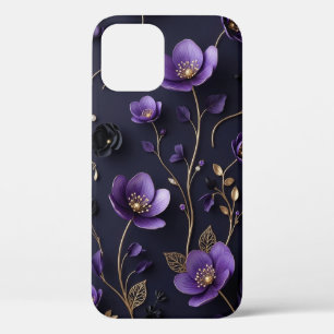 Elegant 3D Purple & Gold Floral Botanical Pattern iPhone 12 Case