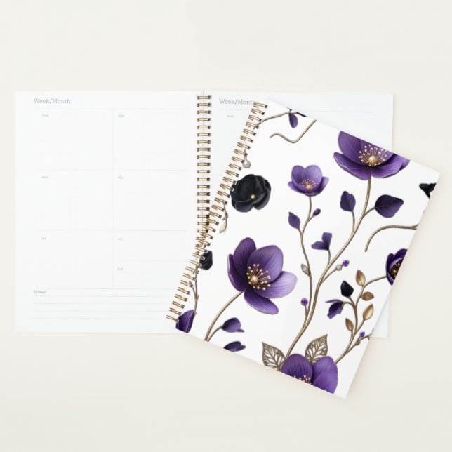 Elegant 3D Purple & Gold Floral Botanical Pattern  Planner (Display)