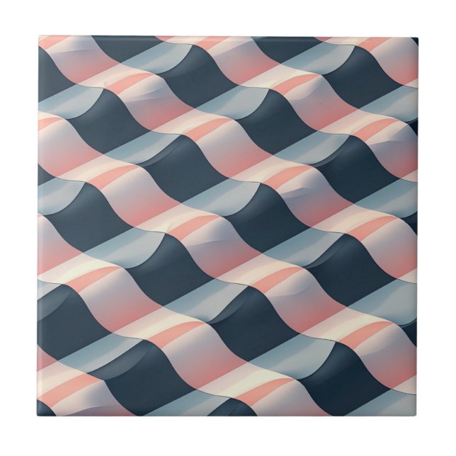Elegant 3D Wave Pattern in Teal, Rose, and Cream Ceramic Tile (Front)