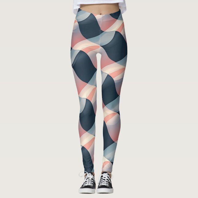 Elegant 3D Wave Pattern in Teal, Rose, and Cream Leggings (Front)