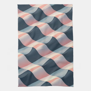 Elegant 3D Wave Pattern in Teal, Rose, and Cream Tea Towel