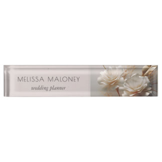 Elegant 3D White Gold Roses Nameplate
